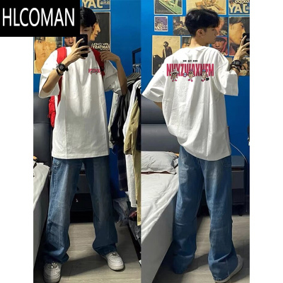 HLCOMAN美式趣味字母印花短袖T恤男夏季嘻哈oversize小领口半袖上衣