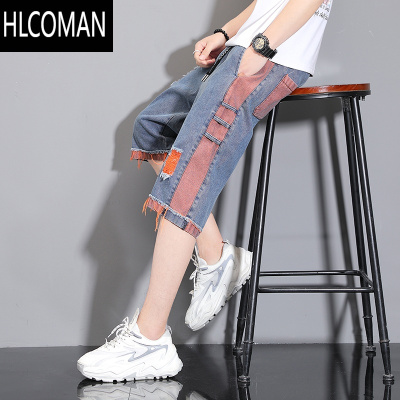 HLCOMAN牛仔六分短裤男士夏季外穿薄款宽松拼接百搭潮牌高街ins七分裤子