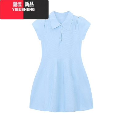YIBUSHENG学院风蓝色Polo领衬衫裙连衣裙女装季收腰显瘦蓬蓬裙小个子短裙