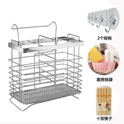 不锈钢筷子筒家用筷子桶厨房挂式餐具勺子收纳盒筷子笼沥水架 敬平 加厚方形+2挂钩+挂袋+10双筷子筷笼