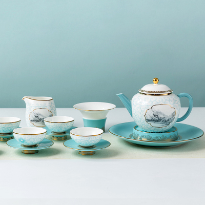 高淳陶瓷丝路小清新中式家用骨瓷茶具送礼整套茶具套装珐琅茶具礼