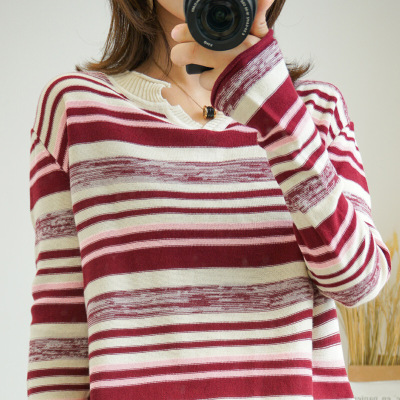 迪鲁奥(DILUAO)2021新款棉韩版女套头袖秋装宽松条纹时尚内搭薄款针织上衣打底衫