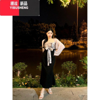 YIBUSHENG温与柔[唐宫]碎花吊带裙女微胖性感显瘦收腰新中式长款连衣裙