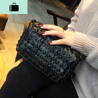 皮女包韩版2020新款女式单肩包铆钉小拼接链条包女斜挎包NEW LAKE 黑色女士单肩包