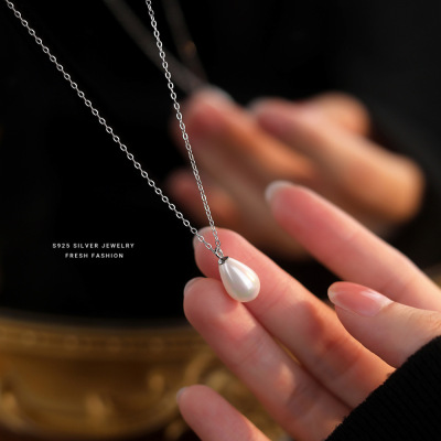 s925纯银水滴玻璃珠项链法式复古简约轻奢时尚小众高级感锁骨链送女朋友老婆情人节七夕生日礼物