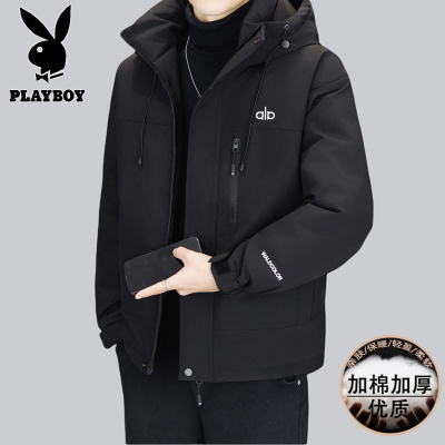 花花公子新款高品质冬季新款户外防寒服三防连帽加绒加厚羽绒棉服男装夹克外套