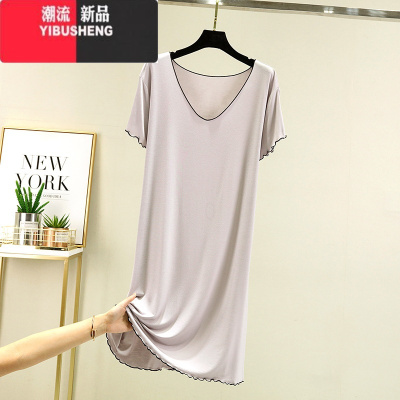 YIBUSHENG莫代尔短袖连衣裙大码v领打底裙薄款季宽松花边睡裙百搭休闲裙