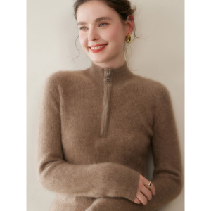 秋冬新款半开领拉链羊绒衫女宽松显瘦加厚纯色保暖套头羊毛衫