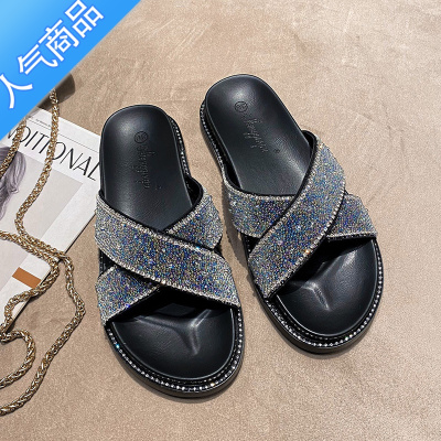 SUNTEK厚底韩版拖鞋女夏外穿小码凉拖33-34大码女鞋40-43沙滩鞋水钻凉鞋