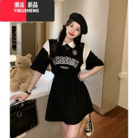 YIBUSHENG大码收腰短袖polo连衣裙女季2024年新款胖MM显瘦复古印花a字裙