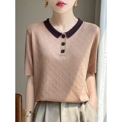 冰丝拼色翻领短袖女宽松新款韩版薄款菱形纽扣针织T恤衫上衣