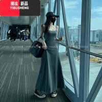 YIBUSHENG度假吊带长裙A字大裙摆内搭显瘦低胸露背无袖高腰连衣裙