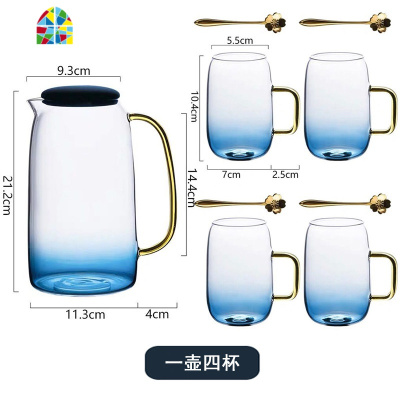 封后北欧创意冷水壶大容量凉水壶扎壶家用玻璃可高温凉白开水杯瓶套装 FENGHO 云石1壶6杯+双层杯架+莫兰大号托盘+6