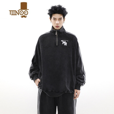 YANXU美式复古休闲运动立领情侣卫衣高街织带秋季套装男潮