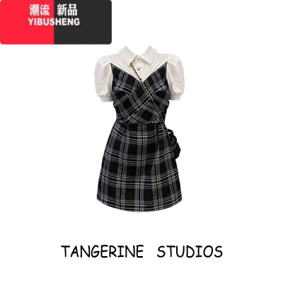 YIBUSHENG假两件衬衫拼接格子连衣裙女2024新款小众设计感学院风短款裙子