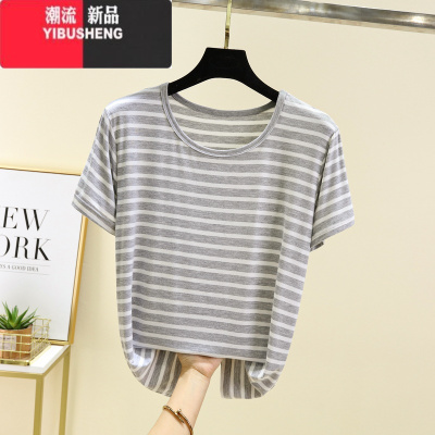 YIBUSHENG莫代尔条纹短袖t恤女外穿大码显瘦半袖针织打底衫内搭体恤上衣