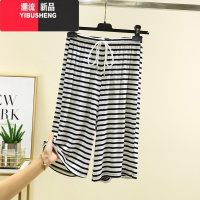 YIBUSHENG莫代尔条纹五分裤女季百搭抽绳阔腿裤大码宽松短裤可外穿休闲裤