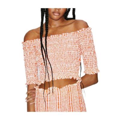 高田贤三(Kenzo)女运动卫衣短袖露肩棉质WavyVichy图案皱褶时尚罩