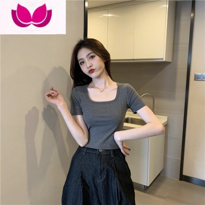 七斓短袖T恤女春季2023新款气质修身显瘦复古小心机短款露脐方领上衣