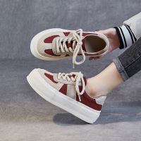 头层牛皮复古拼色系带单鞋女2024春季新款百搭德训鞋厚底小白鞋