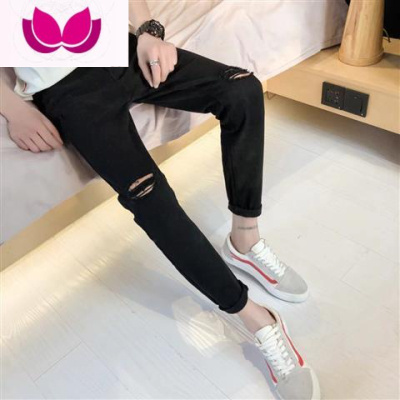 七斓破洞牛仔裤男弹力修身小脚裤子男韩版潮流9分黑色九分乞丐裤