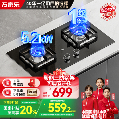 万家乐双高火JZY-AY8燃气灶家用厨房台嵌两用液化气煤气双灶5.0KW大火力兼容性开孔安装不受限一级能效节能