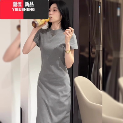 YIBUSHENG2024年新款高级感小个子显高御姐风茶歇法式看灰色t恤连衣裙