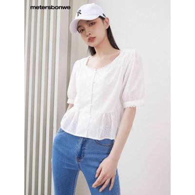 [2件2折价:49]美特斯邦威时尚复古大翻领收腰短衬衫夏季新款休闲舒适上衣