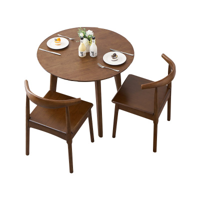 臻远 ZY5110250 实木圆桌简约圆形餐桌接待洽谈桌茶桌椅组合胡桃色0.6米一桌两椅