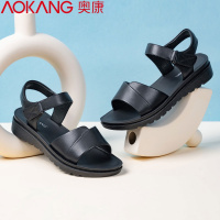 奥康女鞋夏季休闲女凉鞋一字带牛皮软面妈妈凉鞋子