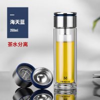 家柏饰(CORATED)双层玻璃杯男女士水杯便携杯子隔热带盖过滤网茶杯家用泡茶杯 [升级款泡茶师]经典蓝350ml