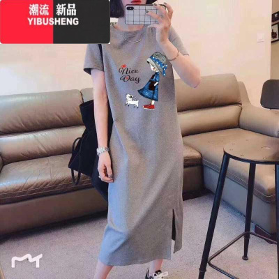 YIBUSHENG大码短袖连衣裙遮肚洋气减龄裙子女韩版显瘦百搭长裙显瘦显高气质