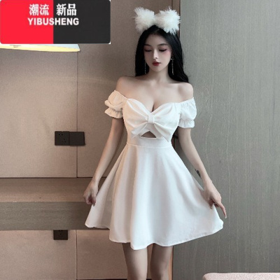YIBUSHENG性感暴露女装低胸夜场上班裙子立体大蝴蝶结拼接泡泡袖连衣裙季