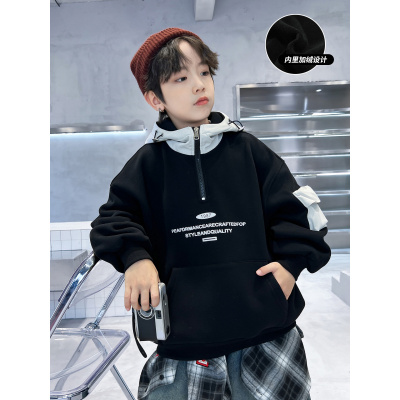 男童加绒卫衣新款秋冬中大儿童连帽高领上衣冬装一体绒痞帅潮