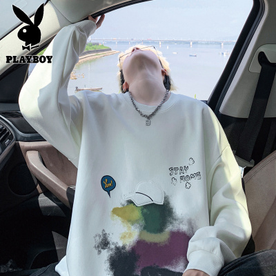 花花公子新款高品质棉质港风卫衣男贴布绣印花青少年秋季新款宽松套头卫衣男
