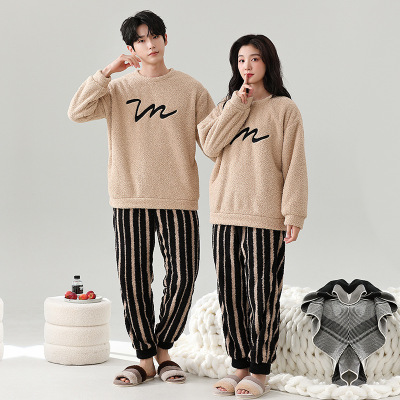 情侣睡衣女款春秋冬季珊瑚绒加厚加绒保暖一男士一女士家居服套装