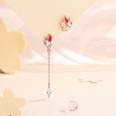 s925银针小狐狸耳环女小众设计不对称流苏耳坠森系ins百搭耳饰送女朋友老婆情人节七夕生日礼物