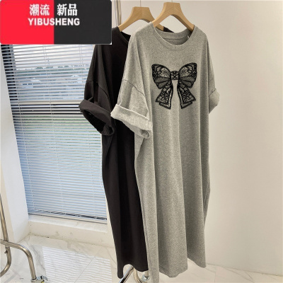 YIBUSHENG季短袖t恤裙中长款宽松韩版过膝休闲连衣裙子ins2024年日
