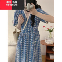 YIBUSHENG大码蓝色连衣裙女季新款胖mm显瘦中长款刺绣复古泡泡袖V领裙子
