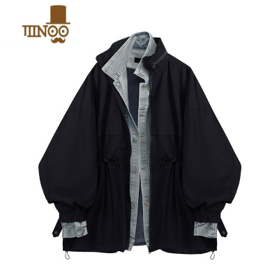 YANXU2-300斤男装宽松连帽假超大码外套潮胖mm韩版休闲牛仔拼接显