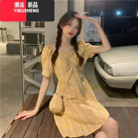 YIBUSHENG温柔风格纹露背连衣裙女装季设计感别致方领初恋裙绝美茶歇短裙