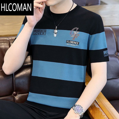 HLCOMAN2024新款夏季短袖t恤男潮薄款条纹冰丝半袖体恤修身上衣休闲衣服