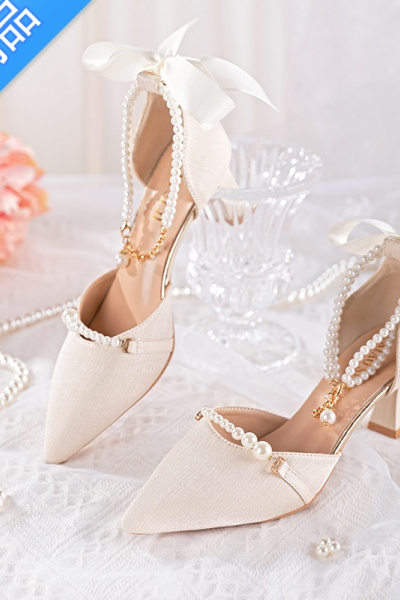 SUNTEK包头凉鞋女夏季珍珠绑带法式细跟尖头高跟鞋气质仙女风旗袍鞋子女