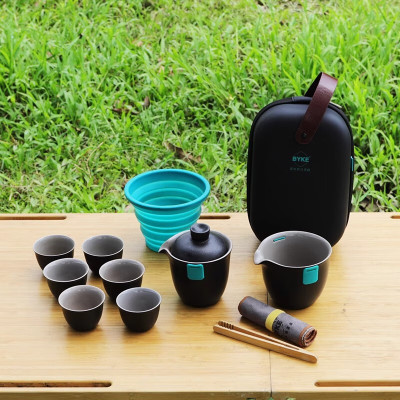 百科快客杯旅行套装 盖碗公道杯功夫泡茶茶具 黑色 一壶6杯