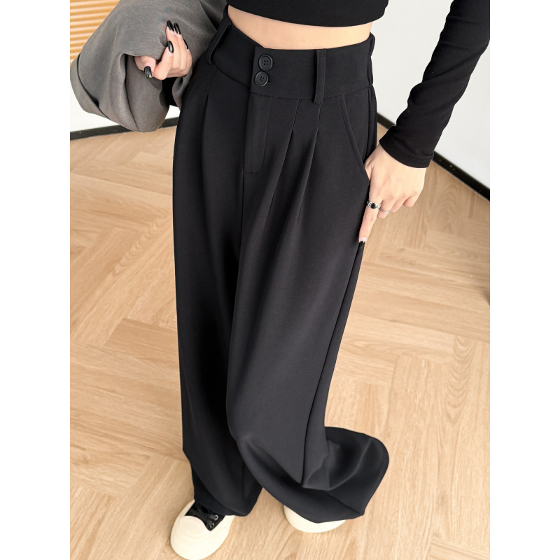 西装裤女秋季薄款休闲直筒高级垂坠感黑色裤子高腰垂感冰丝阔腿裤