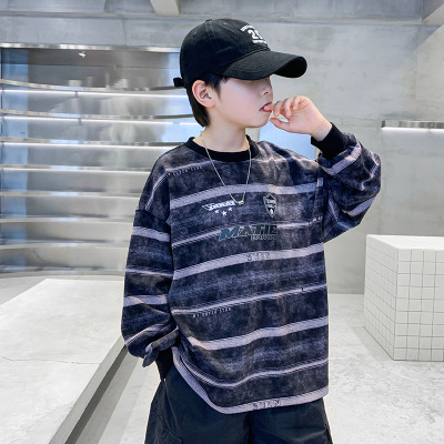 男童条纹卫衣春秋款新款儿童扎染上衣宽松男孩打底衫秋季痞帅