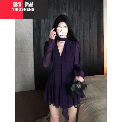 YIBUSHENGV领紫色飘带雪纺长袖连衣裙女季法式高级感气质收腰显瘦短裙子
