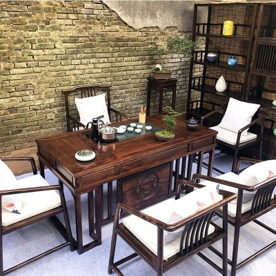 新中式茶桌椅组合功夫茶桌茶台实木1.6米1.8米榆木茶艺桌禅意泡茶