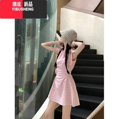 YIBUSHENG甜美风粉色格子背心裙女季设计感褶皱A字裙露背连衣裙