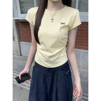 韩系蝴蝶结刺绣圆领短袖T恤2025夏季新款修身显瘦百搭褶皱上衣女